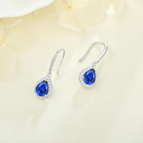 Halo Teardrop Dangle Earrings – Sterling Silver Created Sapphire NWT - Picture 5 of 7